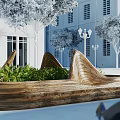 Natural Wooden Landscape Seat With Green Plants Among White Buildings Trees And Street Lamps