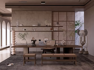 Modern Study Room Interior With Long Wooden Table Bookshelves Green Plants Decorative Items And Sculpture 3d model