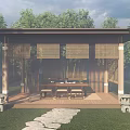 Japanese Garden Pavilion With Bamboo Grove Stone Path Wooden Floor And Stone Lanterns