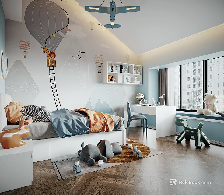 Cozy Playful Kids Room Interior With Hot Air Balloon Mural Bed Toys And Window Nook 3d model 
