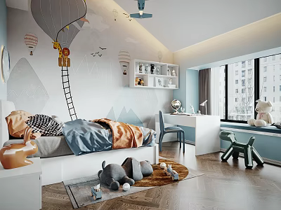 Cozy Playful Kids Room Interior With Hot Air Balloon Mural Bed Toys And Window Nook 3d model