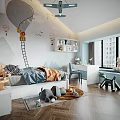 Cozy Playful Kids Room Interior With Hot Air Balloon Mural Bed Toys And Window Nook