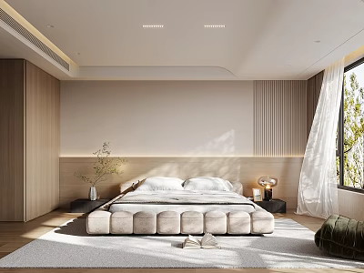 Modern Minimalist Bedroom Interior With Wooden Accents Natural Light Soft Bed And White Curtains 3d model