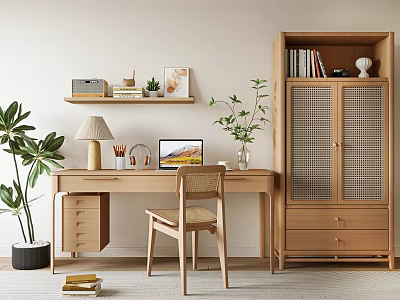 Wooden Home Office Desk With Chair Laptop Lamp Green Plants Near Bookshelf And Artwork Interior 3d model
