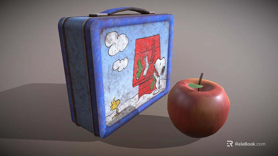 Blue Kids Tableware Set With Cartoon Patterns Clouds Red Door Green Tree And Red Apple 3d model 