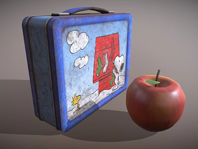 Blue Kids Tableware Set With Cartoon Patterns Clouds Red Door Green Tree And Red Apple 3d model