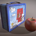 Blue Kids Tableware Set With Cartoon Patterns Clouds Red Door Green Tree And Red Apple