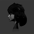 Stylized 3D Character Head Design With Short Black Hair Small Horns And Serious Facial Expression