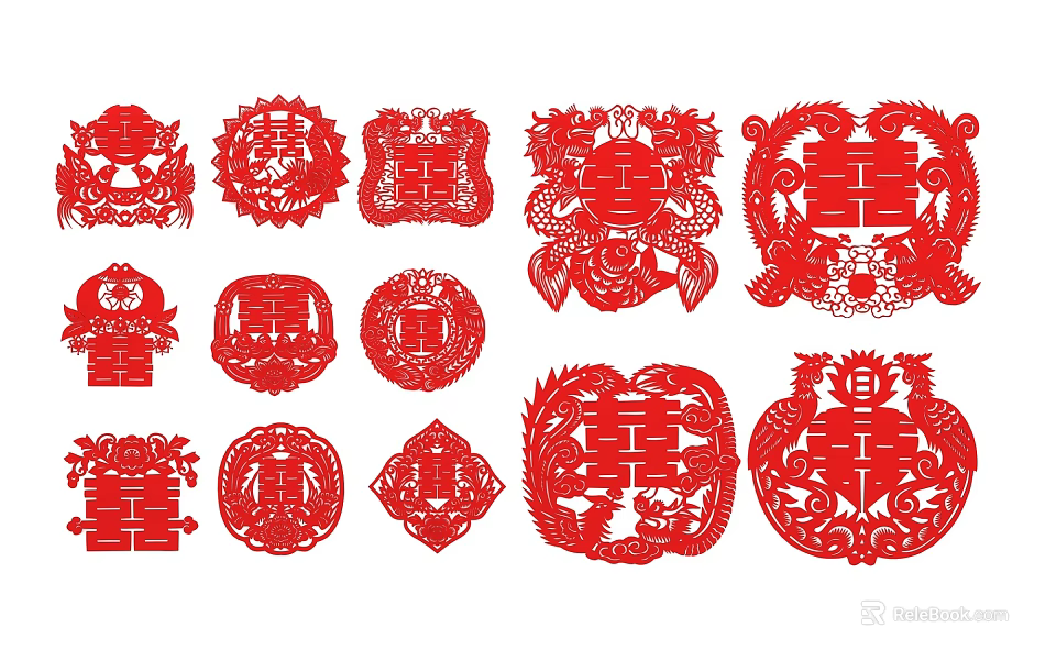 Traditional Chinese Red Paper Cuttings With Double Happiness Dragon And Floral Patterns For Wedding 3d model 