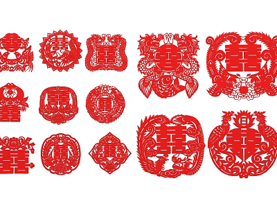 Traditional Chinese Red Paper Cuttings With Double Happiness Dragon And Floral Patterns For Wedding 3d model