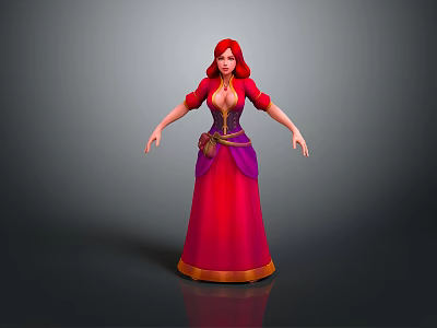Female Game Movie Character With Red Hair Long Red Dress Purple Belt And Gold Trim 3d model