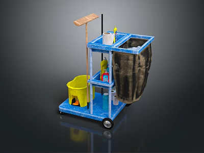 Blue Cleaning Cart With Yellow Bucket Mop Cleaning Supplies And Black Trash Bag 3d model