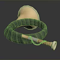 Vintage Brass Horn Equipment With Green Padded Ring Metal Tube And Chain