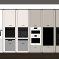Modern Kitchen Appliances Different Types Neatly Arranged In White Cabinets Showcase 3d model