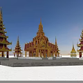 Traditional Thai Pagoda Complex With Golden Spires Red Accents And Circular Water Platform
