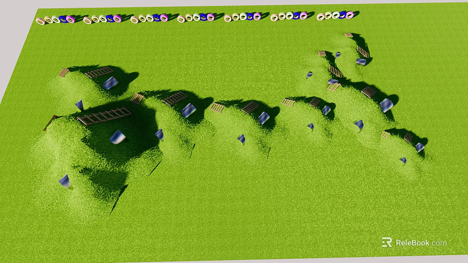 Green Grassland Terrain with Multiple Small Structures and Blue Markers Layout 3d model 