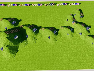 Green Grassland Terrain with Multiple Small Structures and Blue Markers Layout 3d model