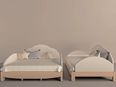 Twin Children's Beds With White Headboard Wooden Frame And Star Pillows 3d model