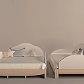 Twin Children's Beds With White Headboard Wooden Frame And Star Pillows