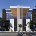 Modern Semi Detached Villa Exterior Design With Driveway Trees And Glass Windows
