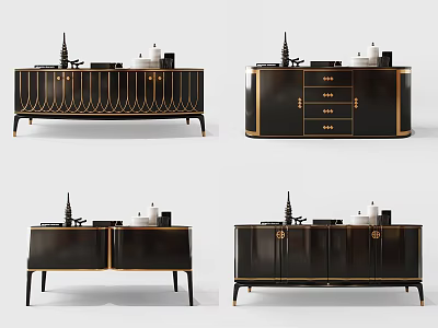 Modern Black TV Cabinet With Golden Trim Drawers And Metal Legs 3d model