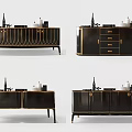 Modern Black TV Cabinet With Golden Trim Drawers And Metal Legs