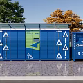 Public Waste Sorting Facility With Blue Containers White Symbols Shelter And Trees On Brick Pavement