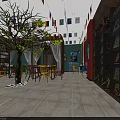 Vibrant Restaurant Interior With Colorful Chairs Wooden Tables Chandelier Flags On Green Walls