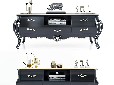 Vintage Black TV Cabinet With White Trim Carved Legs Drawers And Decorative Accents 3d model