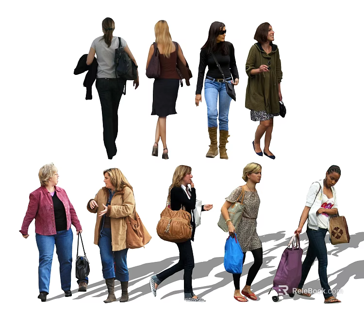 Group Of People In Different Outfits Walking With Bags Outdoors 3d model 
