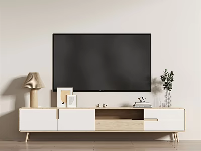 Modern TV Stand with TV Lamp Photo Frame Vase and Books in Minimalist Setting 3d model