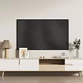 Modern TV Stand with TV Lamp Photo Frame Vase and Books in Minimalist Setting