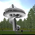 White Spiral Tower With Round Observation Deck And Cable Stayed Structure In Forest