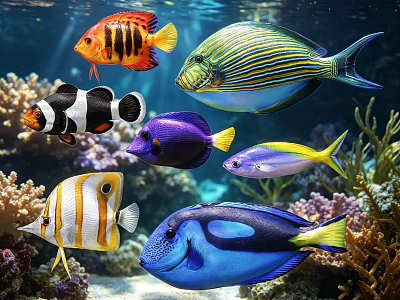 Colorful Tropical Aquatic Animals Various Fish Species In Underwater Coral Reef 3d model