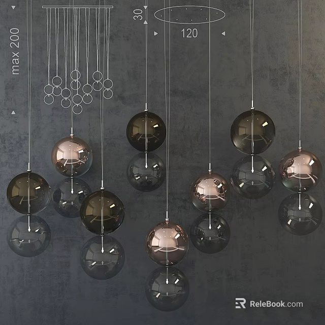 Modern Spherical Pendant Lights With Copper And Black Glass Balls Hanging On Gray Background 3d model 