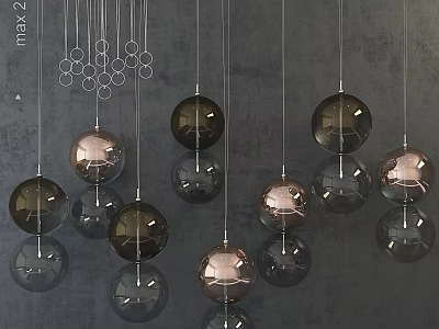 Modern Spherical Pendant Lights With Copper And Black Glass Balls Hanging On Gray Background 3d model