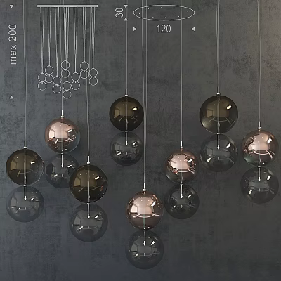 Modern Spherical Pendant Lights With Copper And Black Glass Balls Hanging On Gray Background 3d model