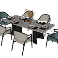 Modern Dining Table And Six Chairs Blue Gray Seats With Tableware Vase 3d model