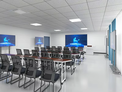 Modern Meeting Room Interior With Large Display Screens Tables Chairs And Ceiling Lights 3d model
