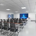 Modern Meeting Room Interior With Large Display Screens Tables Chairs And Ceiling Lights
