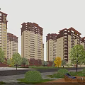 Modern High Rise Residential Buildings with Sunlight Green Trees Lawns Paths and Benches