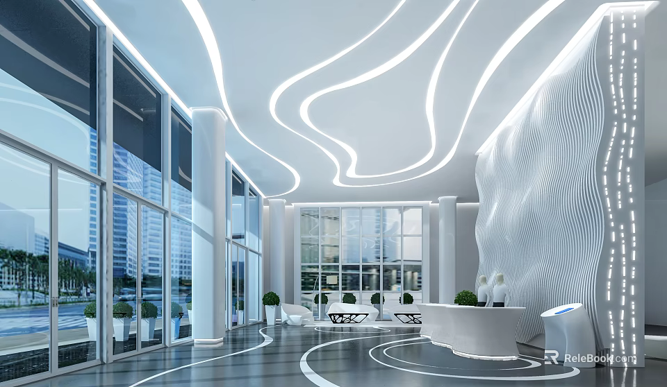 Sleek Modern Futuristic Reception Lobby With Curved LED Lights And Large Floor To Ceiling Windows 3d model 