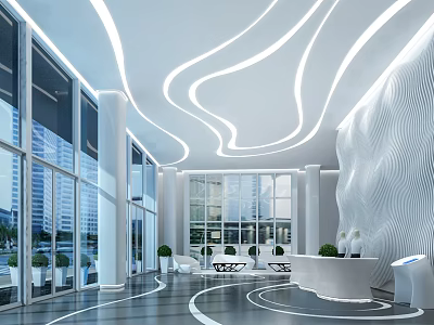 Sleek Modern Futuristic Reception Lobby With Curved LED Lights And Large Floor To Ceiling Windows 3d model