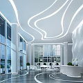 Sleek Modern Futuristic Reception Lobby With Curved LED Lights And Large Floor To Ceiling Windows