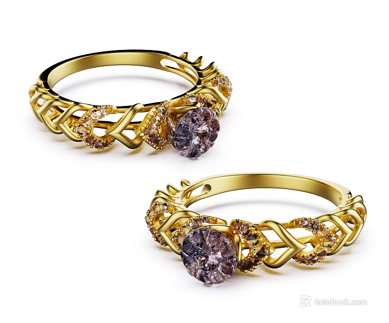 Exquisite Gold Braided Rings With Purple Gemstone And Small Diamonds 3d model 