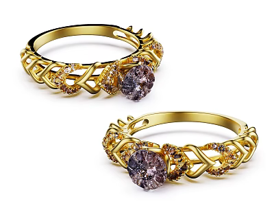 Exquisite Gold Braided Rings With Purple Gemstone And Small Diamonds 3d model