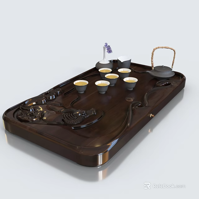 Traditional Wooden Tea Set with Carved Tray Teapot Cups and Decorative Flower 3d model 