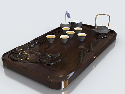 Traditional Wooden Tea Set with Carved Tray Teapot Cups and Decorative Flower 3d model