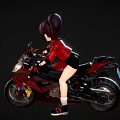 Anime Girl With Bun Hairstyle Riding Shiny Red Motorcycle In Red Top Black Shorts