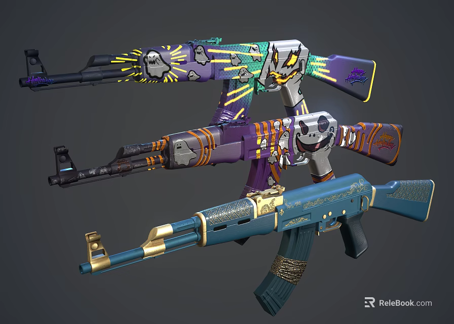 Decorated Rifles With Colorful Graffiti Skull Patterns Gold Accents And Blue Details 3d model 